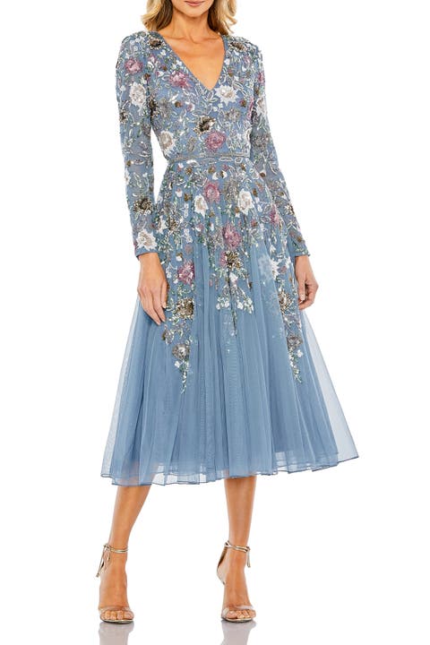 Hand Embellished Floral V Neck Long Sleeve Dress