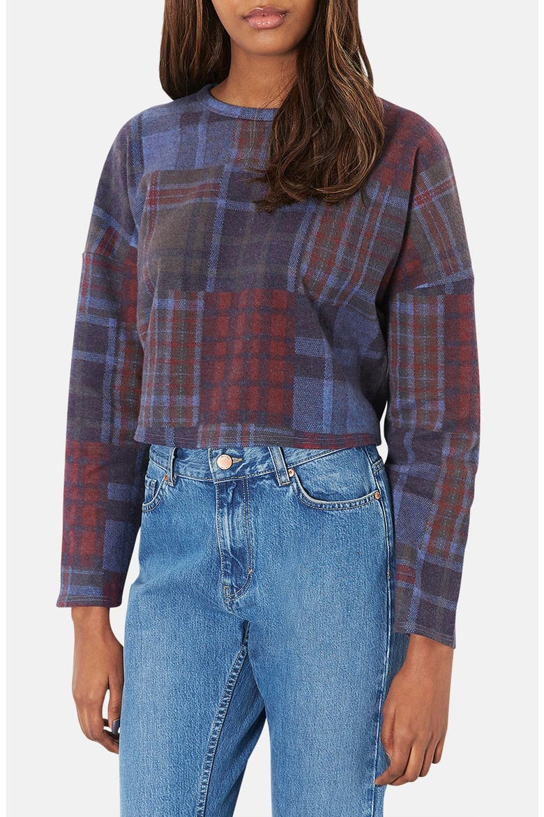 Mixed Plaid Crop Sweater, Main, color, NAVY BLUE