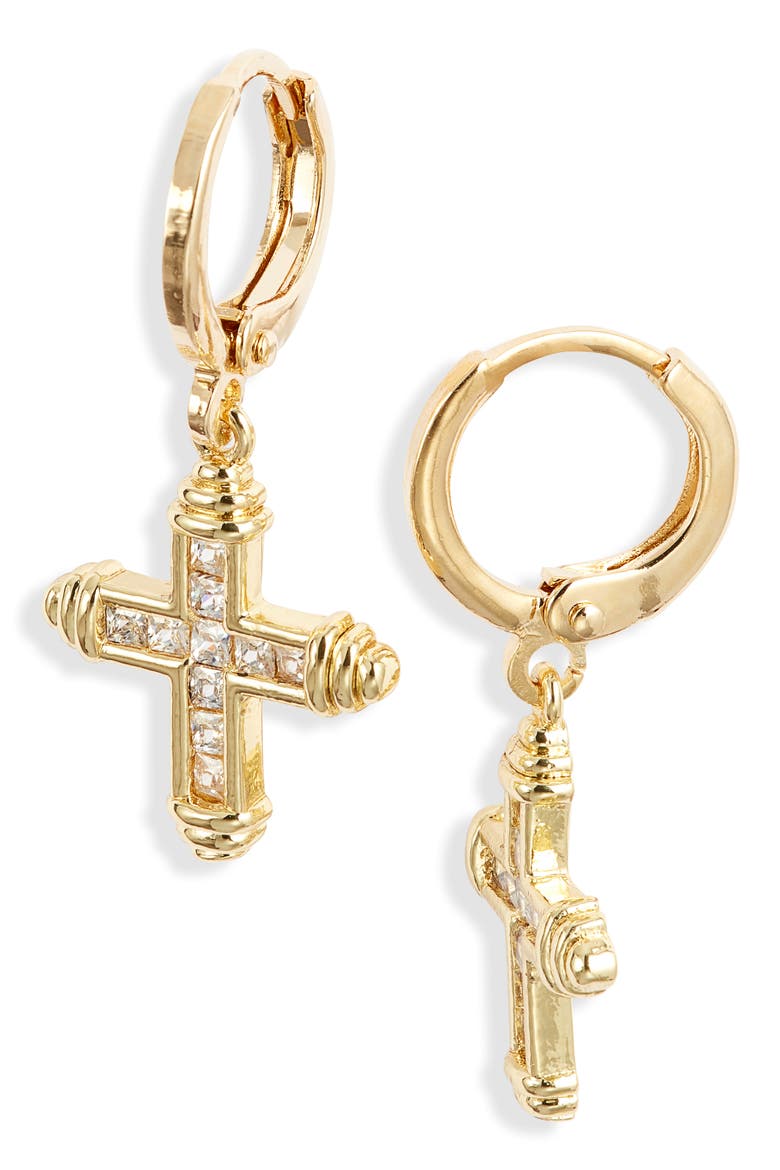 Lydia Huggie Hoop Cross Drop Earrings, Main, color, GOLD
