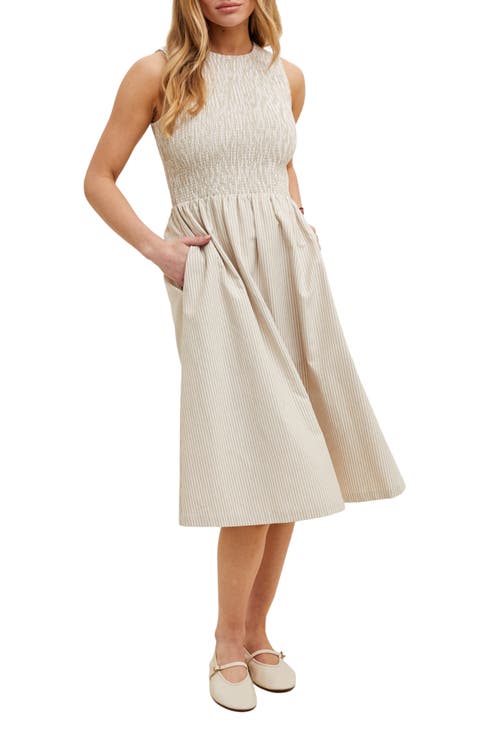 Stripe Smocked Sleeveless Cotton Blend Dress