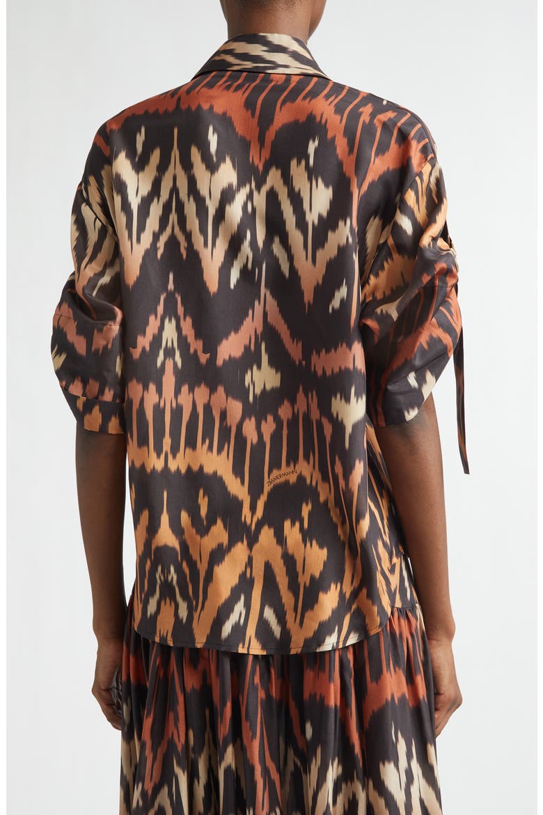 Aster Ikat Print Relaxed Silk Button-Up Shirt, Alternate, color, CHARCOAL IKAT