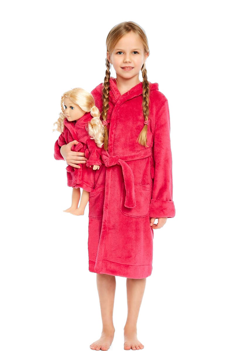 Leveret Girls Fleece Hooded Robe with Matching Doll Robe, Main, color, Hot Pink