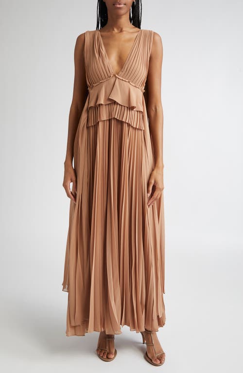 Zimmermann Memento Pleated Ruffled Gown In Brown