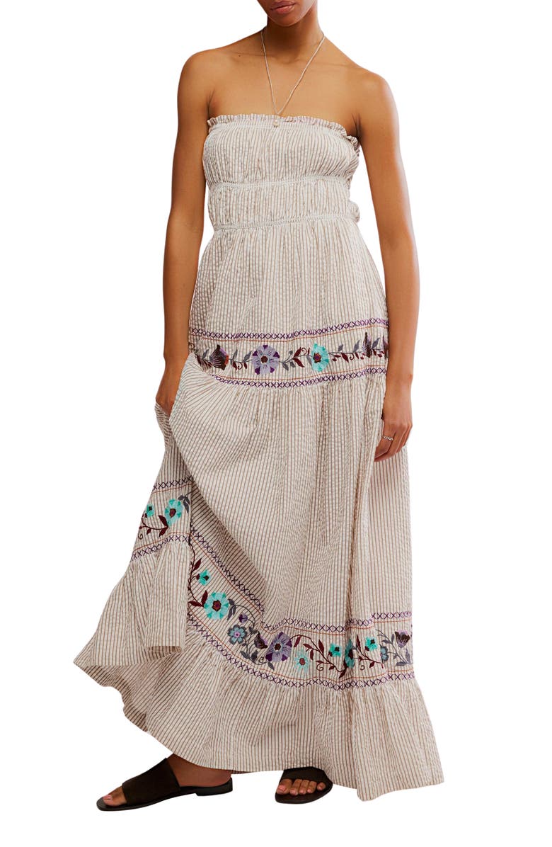 Free People Kalani Stripe Embroidered Halter Neck Cotton Maxi Dress, Main, color, Ivory Stripe Combo