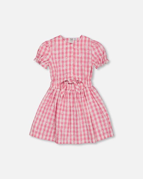 Girl's Puff Sleeve Dress With Waist Tie Pink And White Checks