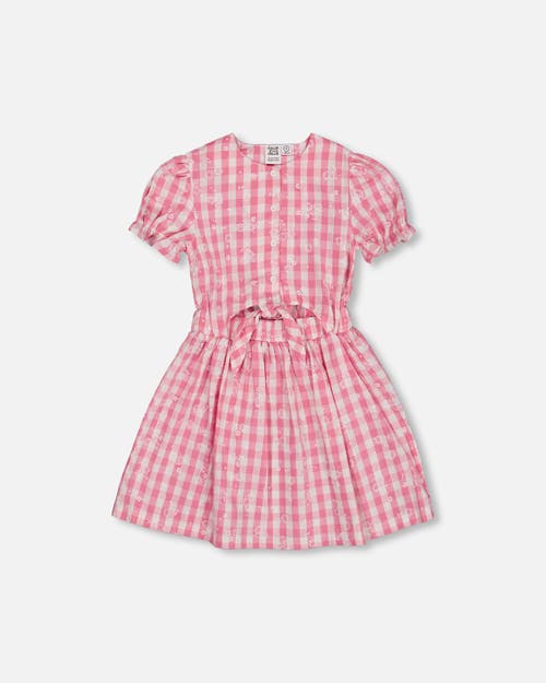 Deux Par Deux Girl's Puff Sleeve Dress With Waist Tie Pink And White Checks In Pink And White Checks