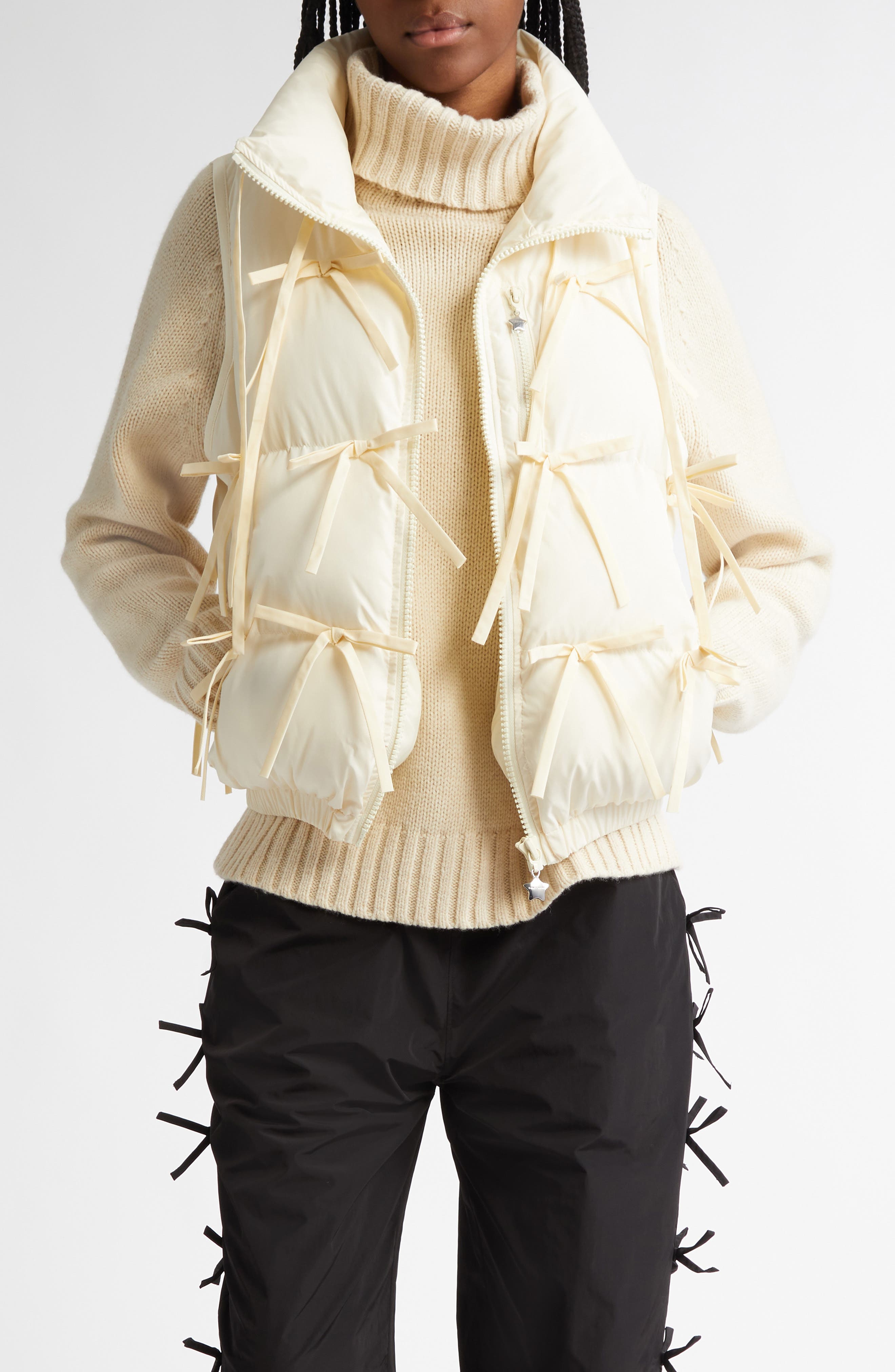 Sandy Liang Patro Bow Puffer Vest in Ivory 