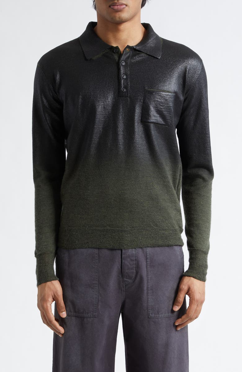 Maison Margiela Metallic Long Sleeve Polo, Main, color, Green/ Black