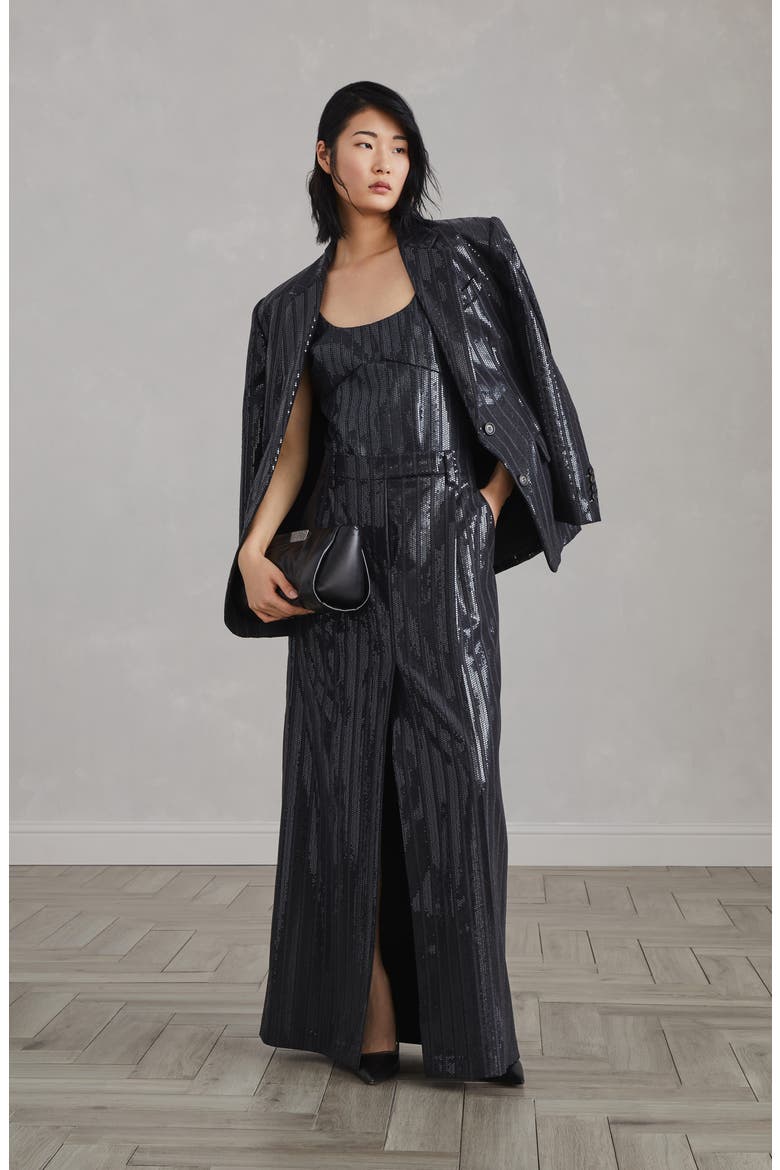Comfort virgin wool chalk stripe sartorial column skirt with dazzling embroidery, Alternate, color, Dark Grey