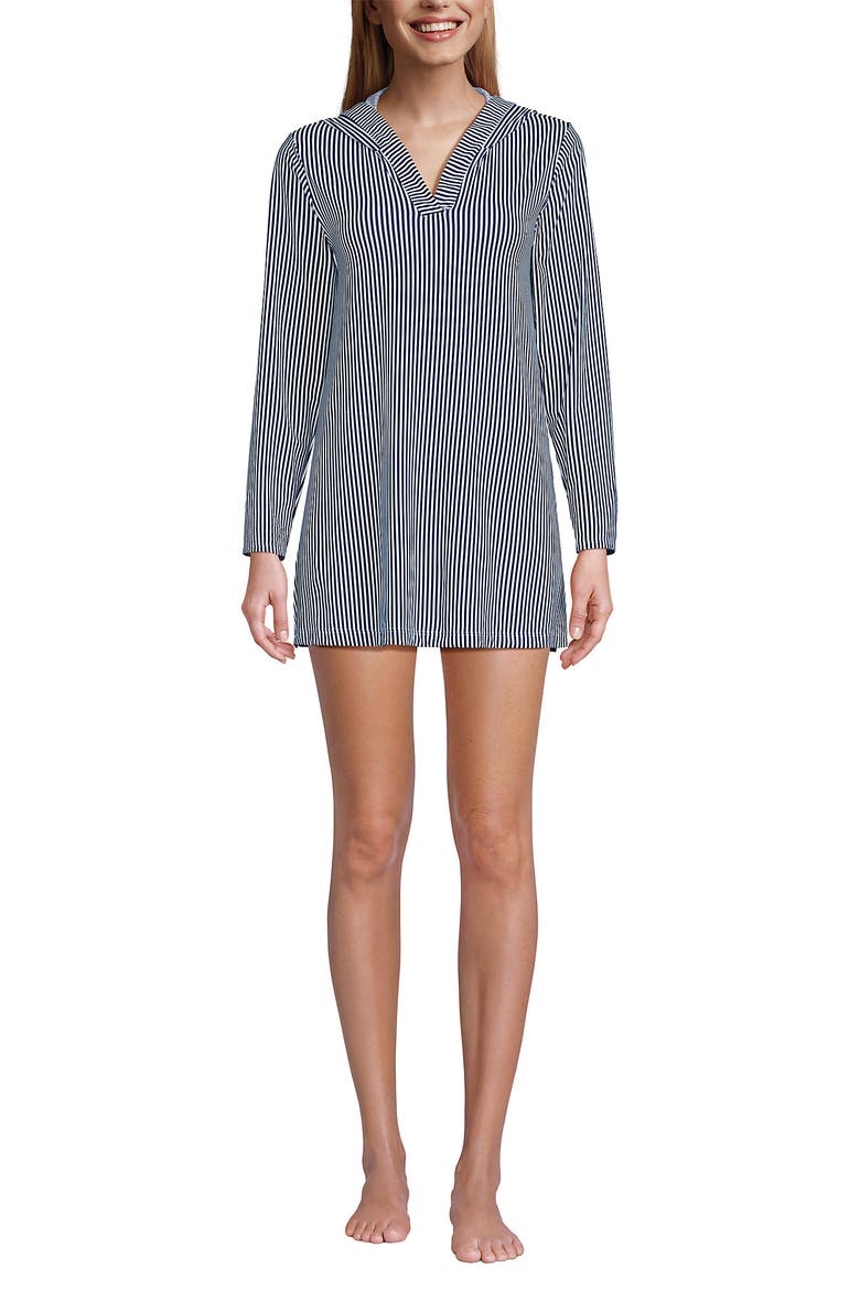 Cotton Jersey Long Sleeve Hooded Swim Cover-up Dress, Main, color, Deep Sea Navy Mini Stripe