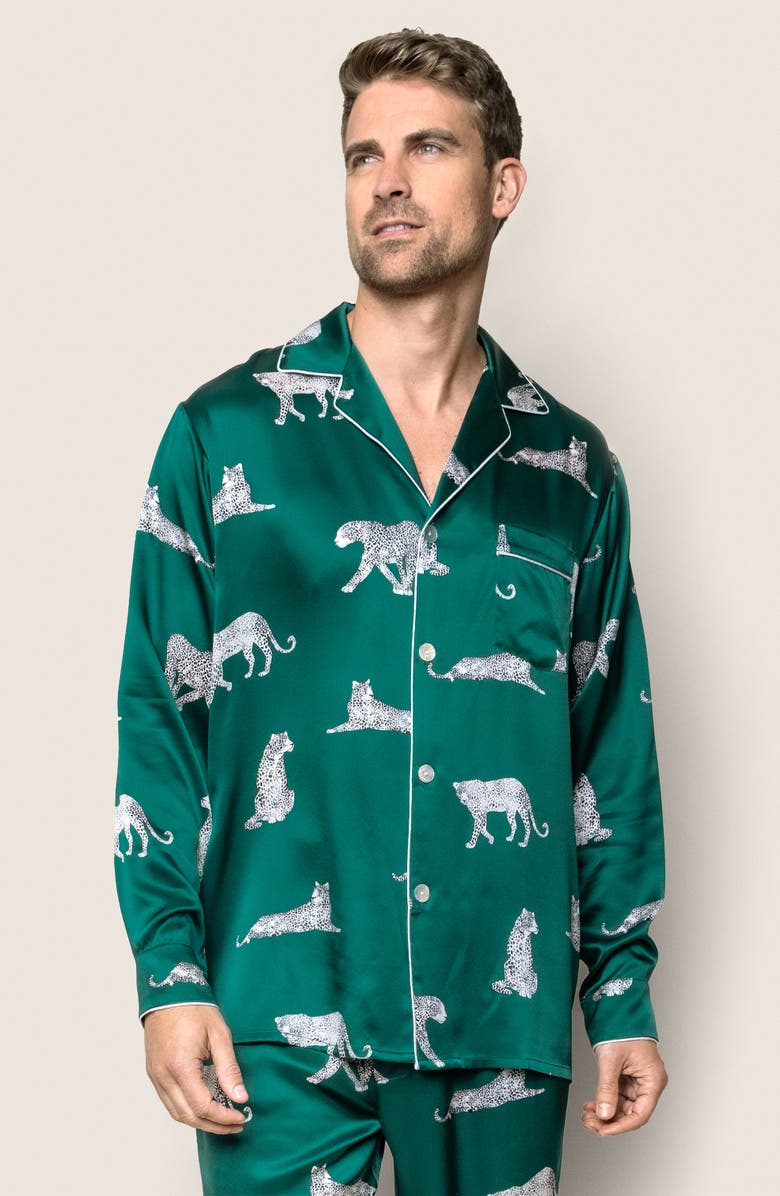 Petite Plume Panther Print Silk Pajamas, Alternate, color, Green