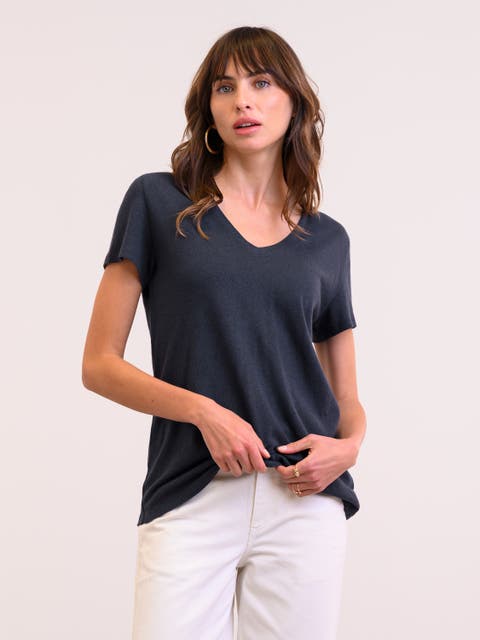 Relaxed V-Neck Linen Blend T-Shirt