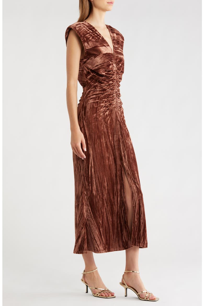 Daisha Ruched Velour Midi Dress, Alternate, color, BROWN