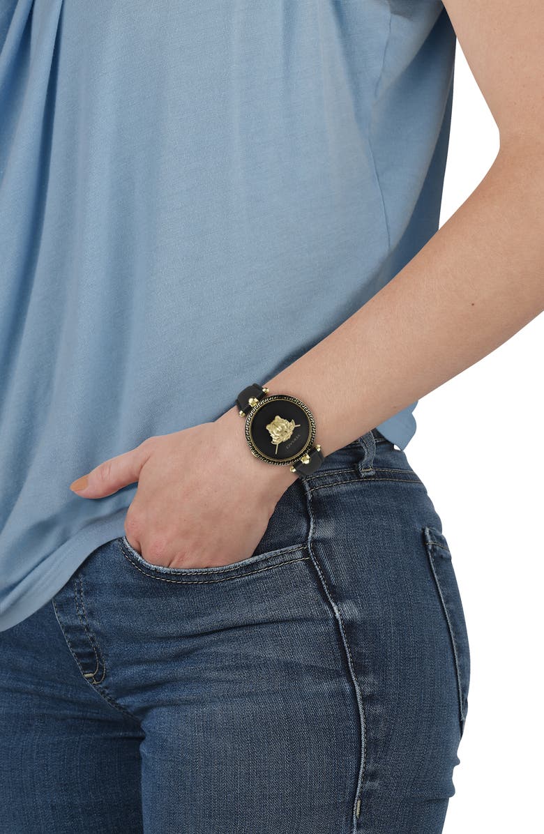 Versace Palazzo Empire Leather Strap Watch, 39mm, Alternate, color, Ip Yellow Gold