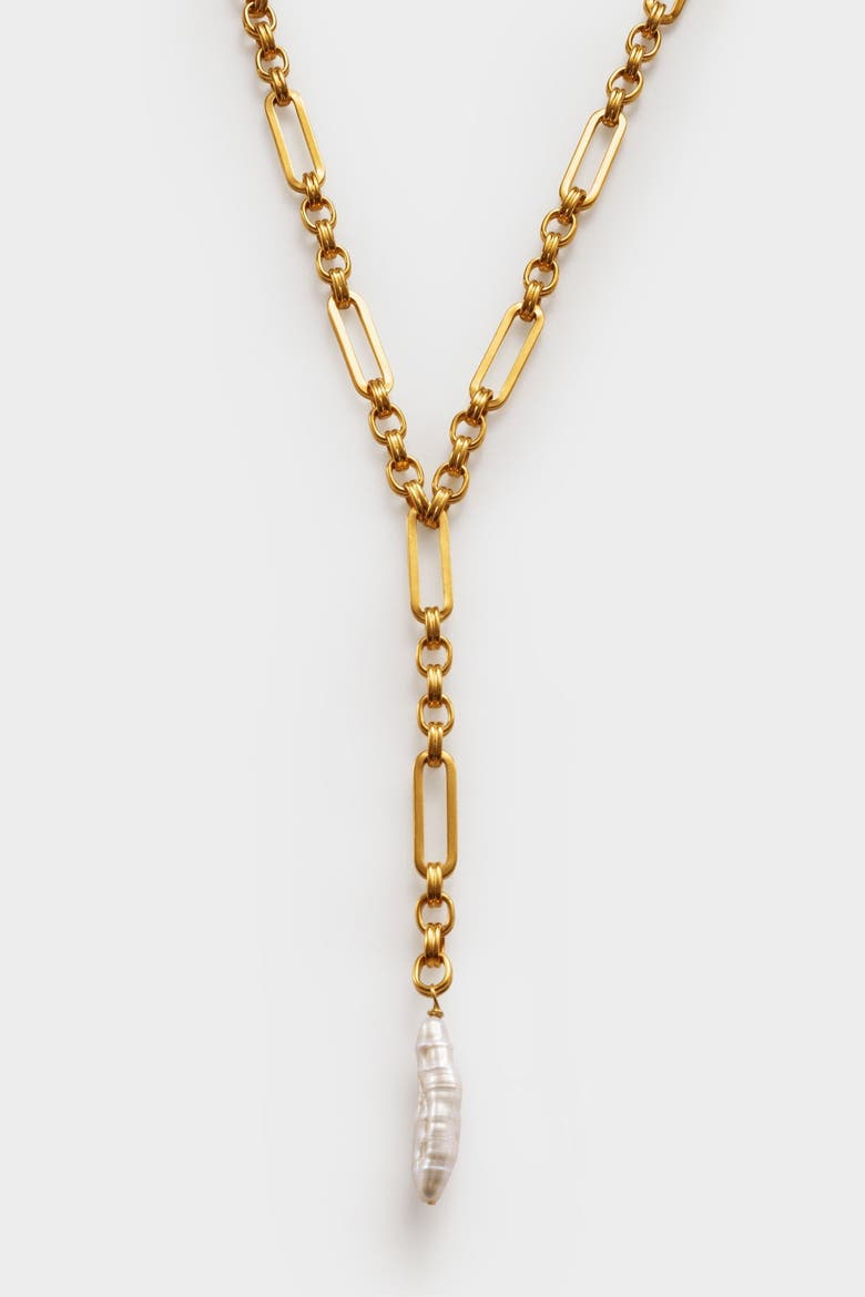 Allure Waterproof Gold Pearl Lariat Necklace, Main, color, Gold