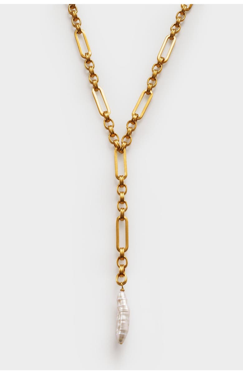 Katie Loxton Allure Waterproof Gold Pearl Lariat Necklace, Main, color, Gold