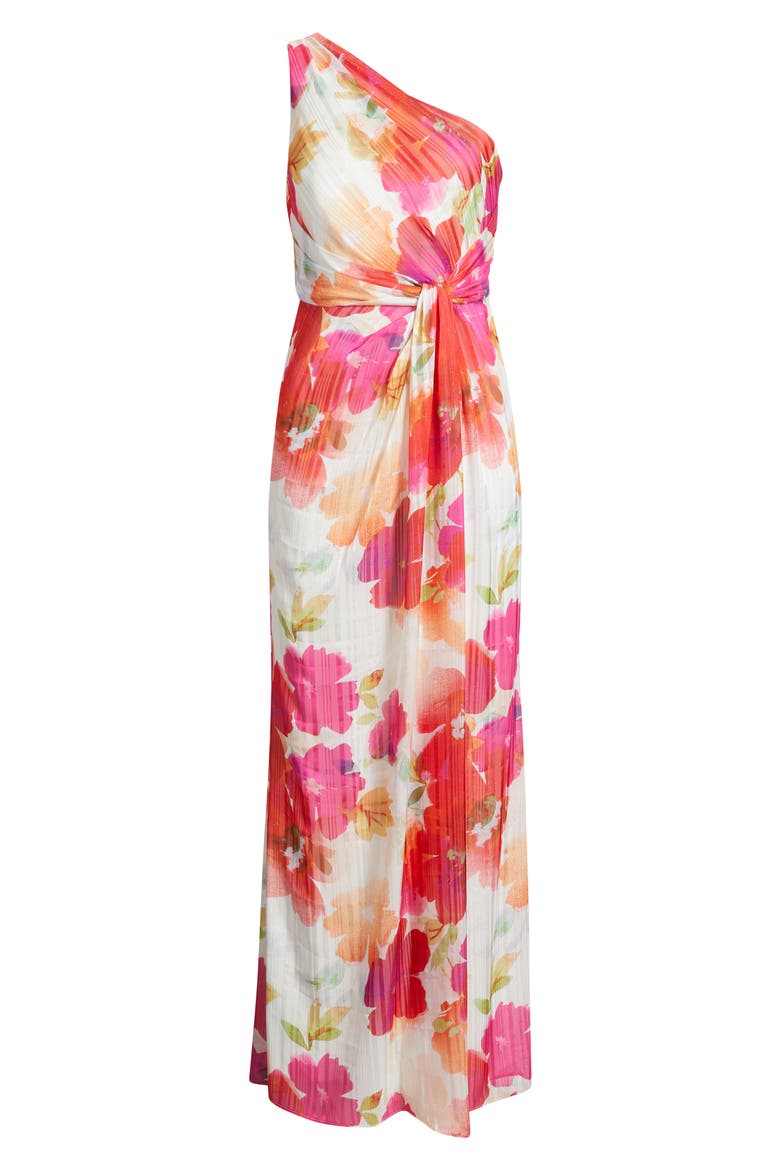 Metallic Floral One-Shoulder Gown, Alternate, color, IVORY/ CORAL/ PINK MULTI