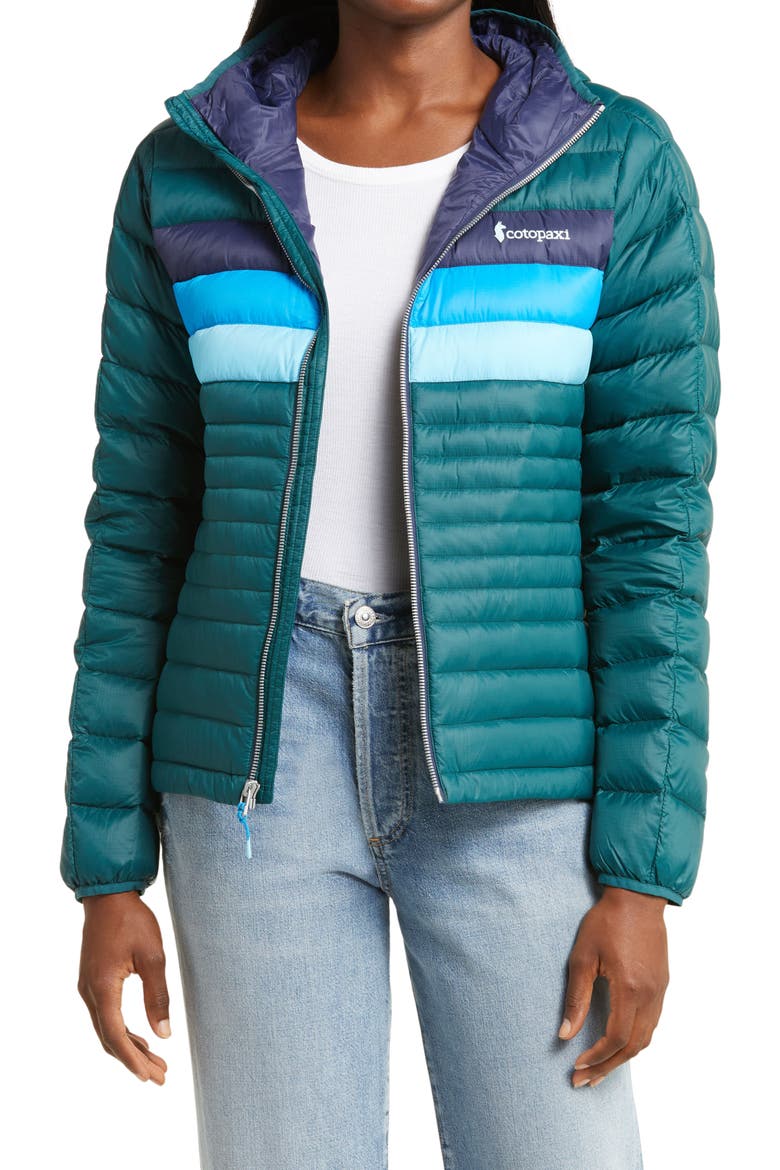Fuego 800 Fill Power Down Hooded Jacket, Main, color, DEEP OCEAN STRIPES