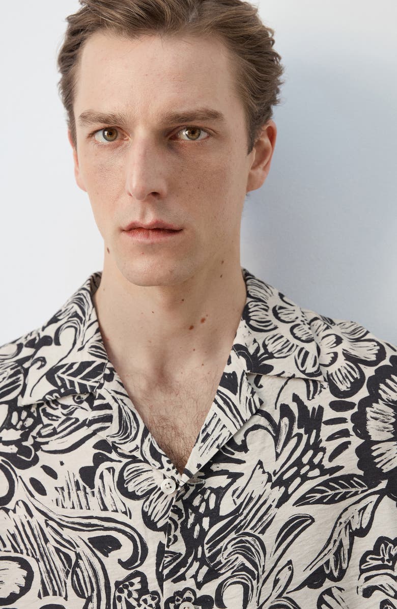 MANGO Printed Textured Camp Shirt, Alternate, color, Beige