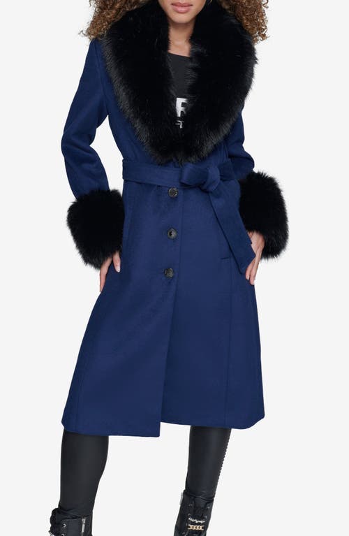 KARL LAGERFELD PARIS Faux Fur & Wool Blend Coat in Sapphire 