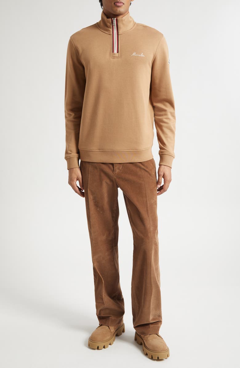 Moncler Embroidered Logo Patch Fleece Quarter Zip Sweatshirt, Alternate, color, Camel