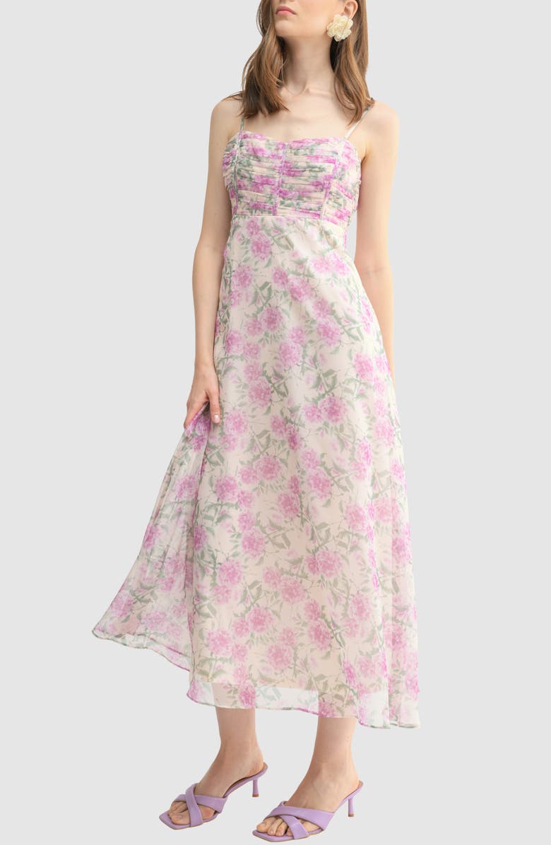 Lush Floral Shirred Bodice A-Line Midi Dress, Alternate, color,