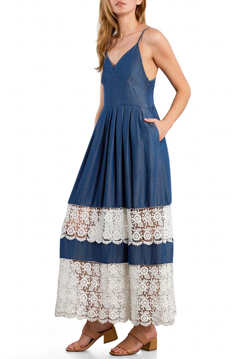 Light Veil Lace Inset Midi Dress, Alternate, color, DENIM