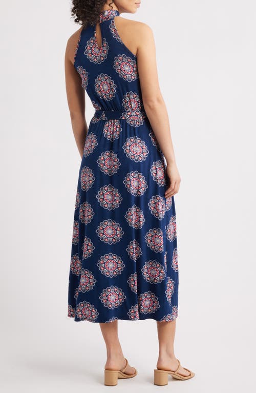 Loveappella Printed Tie Waist Halter Knit Midi Dress In Navy