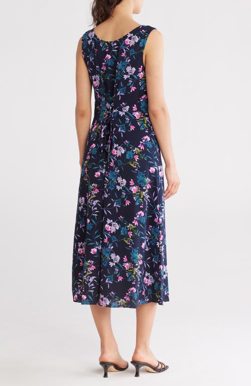 Connected Apparel Floral Sleeveless Lace-up Back Midi Dress In Navy/fuchsia