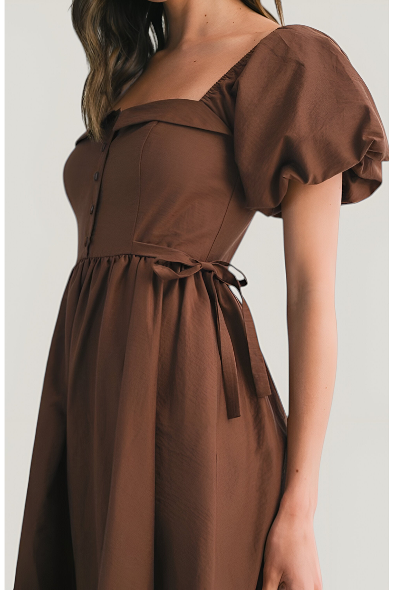 Square Neck Puff Sleeve Midi Dress with Side Tie Ribbon and Button Front, Alternate, color, Brown