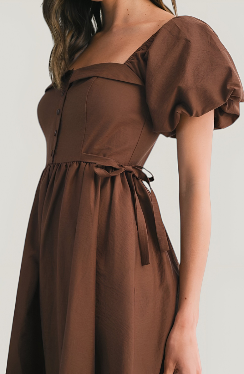 Modenaire Square Neck Puff Sleeve Midi Dress with Side Tie Ribbon and Button Front, Alternate, color, Brown