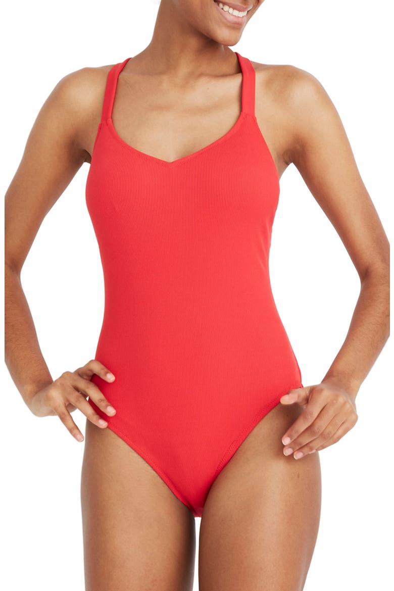 Second Wave Rib Crisscross One-Piece Swimsuit, Main, color, AMERICANA RED