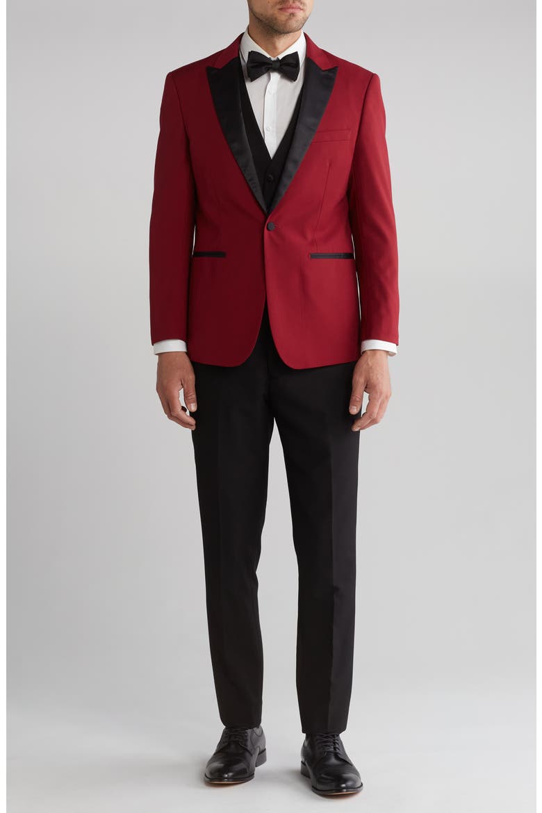 Slim Fit Satin Peak Lapel 3-Piece Tuxedo, Main, color, RED