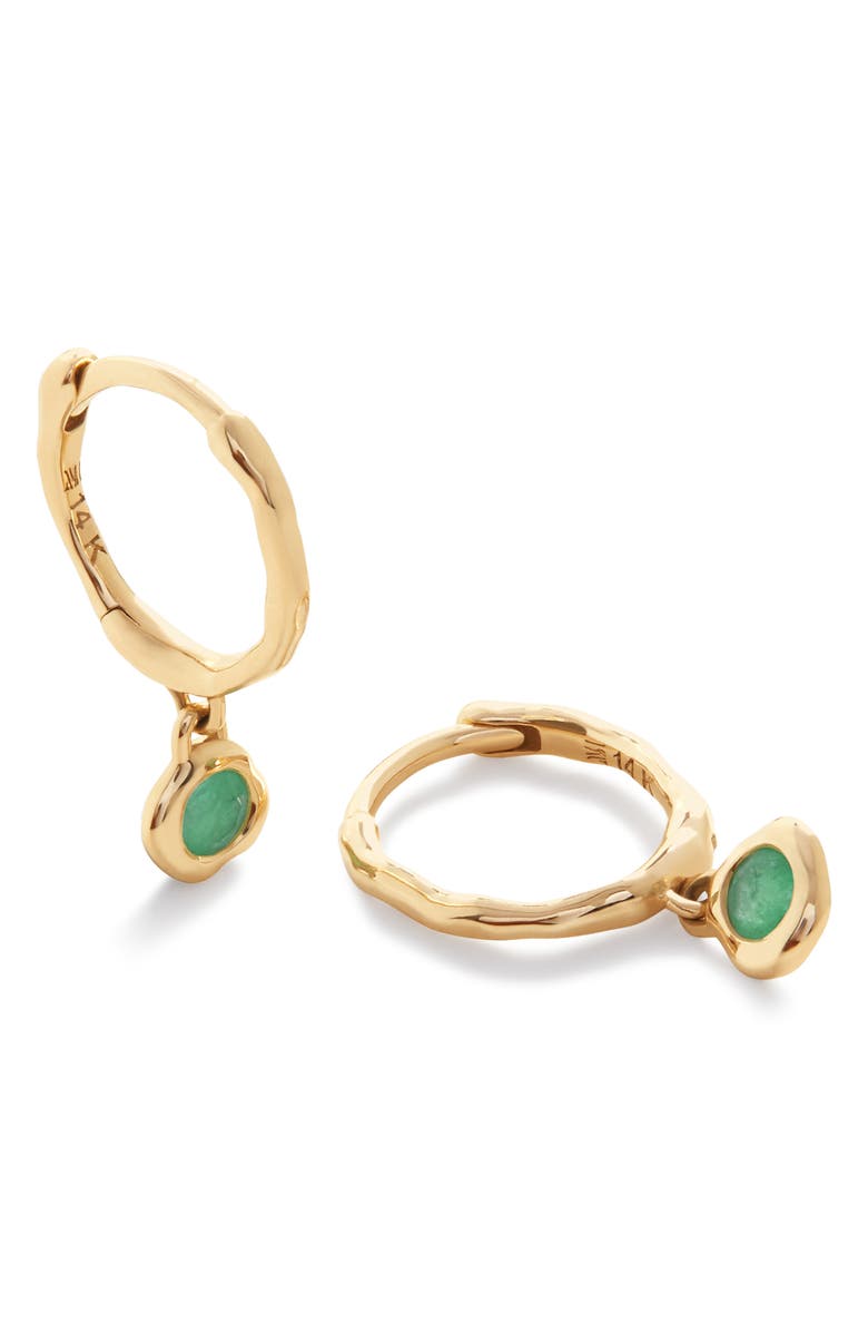 Monica Vinader Mini Siren Emerald Huggie Hoop Earrings, Main, color, Yellow Gold