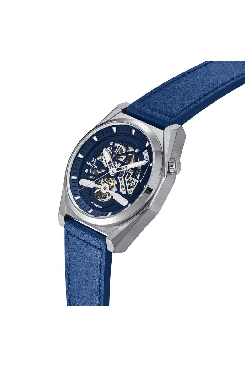 Amadeus Semi-Skeleton Leather-Band Watch, Alternate, color, Silver/Blue