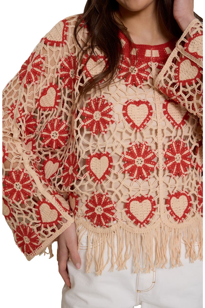 Heart Fringe Trim Crochet Poncho, Alternate, color, RED