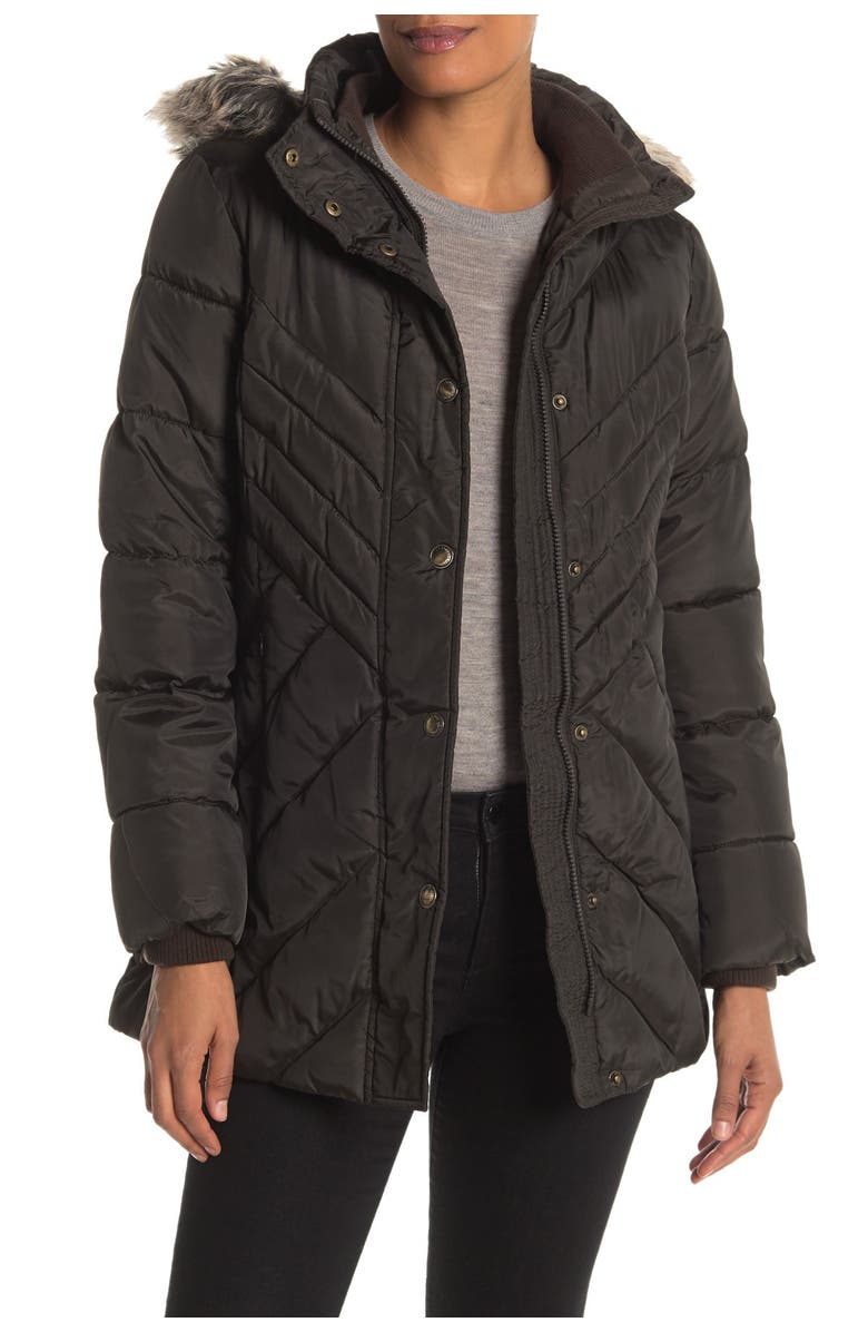 London Fog Faux Fur Trim Hooded Zip Front Puffer Jacket, Main, color,