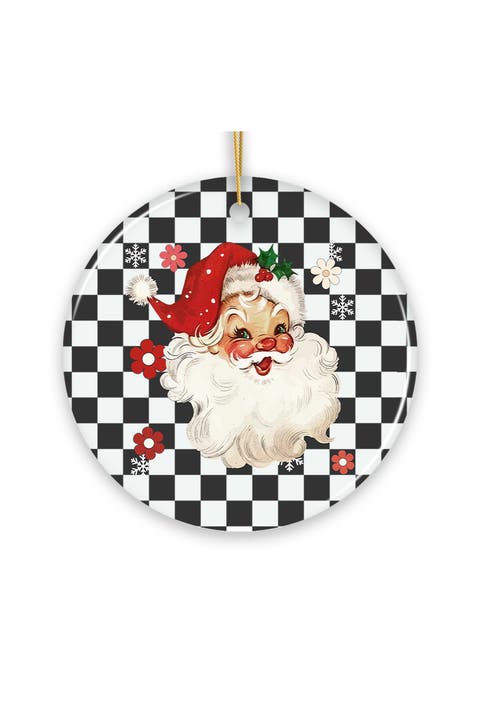Checkered Retro Santa Claus Ceramic Ornament