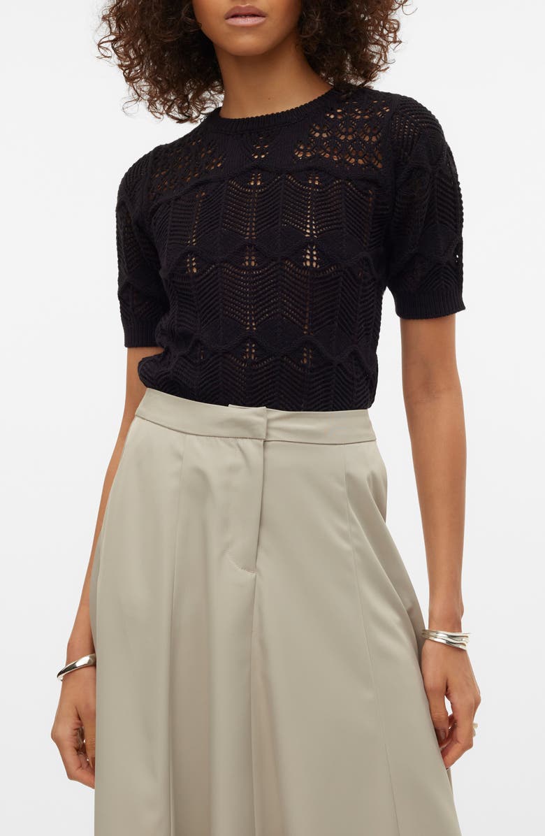 VERO MODA Alexia Short Sleeve Pointelle Cotton Blend Sweater, Main, color,