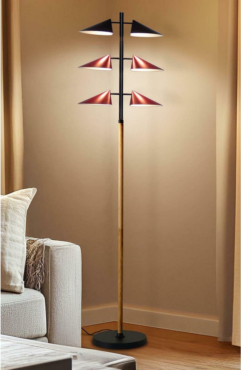 Brightech Ivo 65" Japandi-Inspired Floor Lamp with Oak and Red Accent, Integrated LEDs, Alternate, color, Matte Black