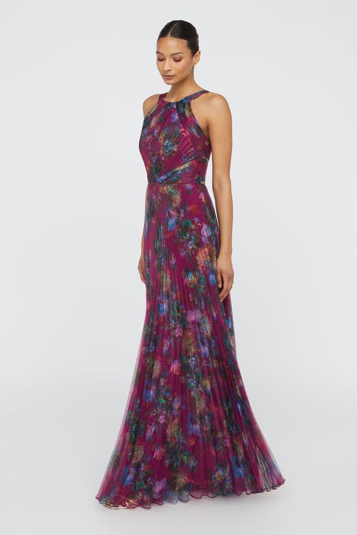 Theia Naveen Pleated Floral-print Organza Gown In Brown
