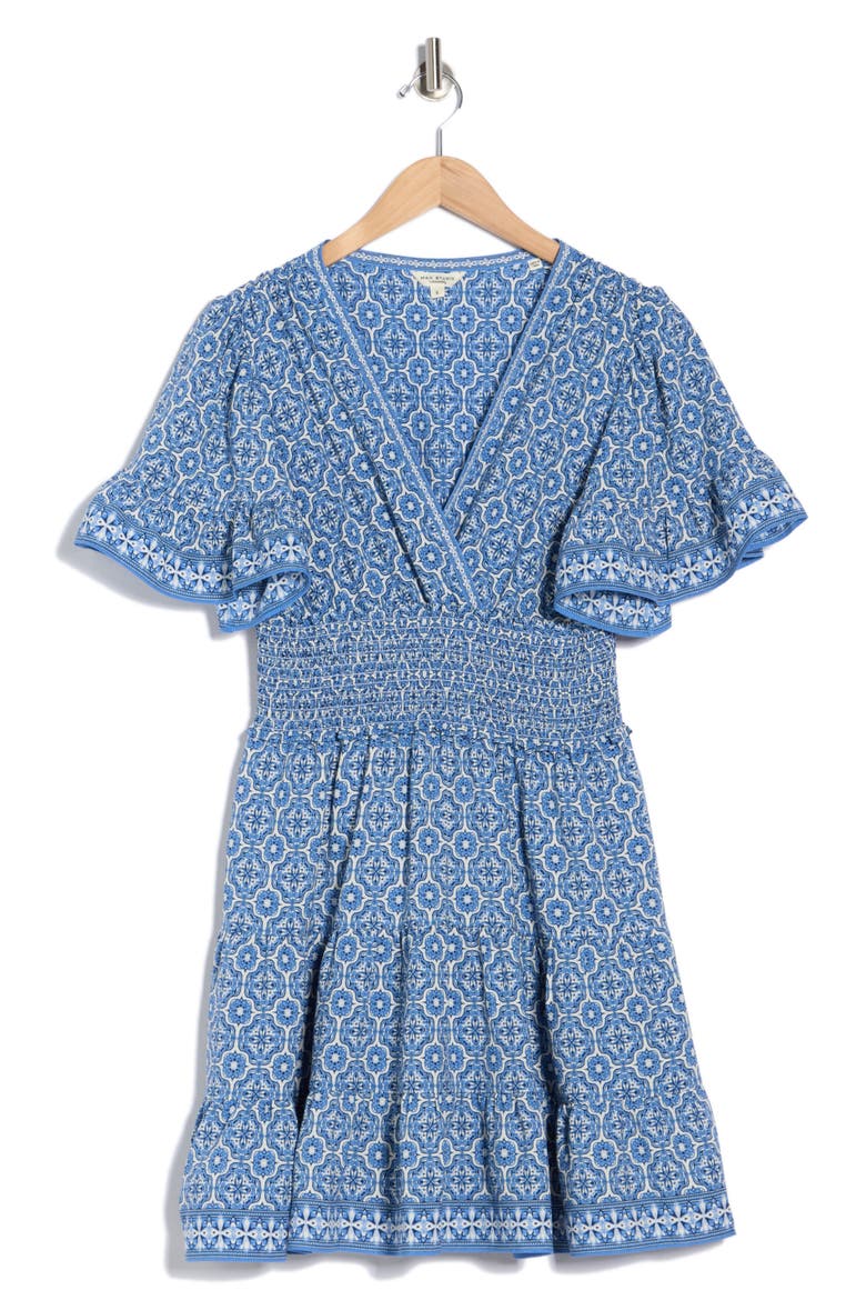 Short Sleeve Tiered Crepe Dress, Alternate, color, CREAM/ SKY CURVY CUBE