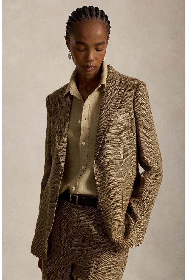 Single Breasted Glen Plaid Linen Blazer, Alternate, color, BROWN/ TAN GLEN CHECK