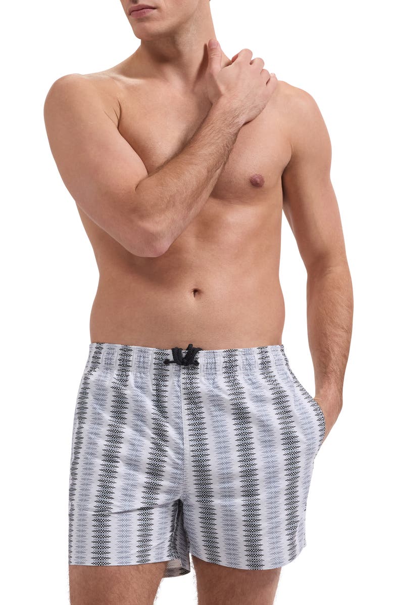 Bugatchi Cruz Diamond Stripe Print Swim Trunks, Main, color, Platinum