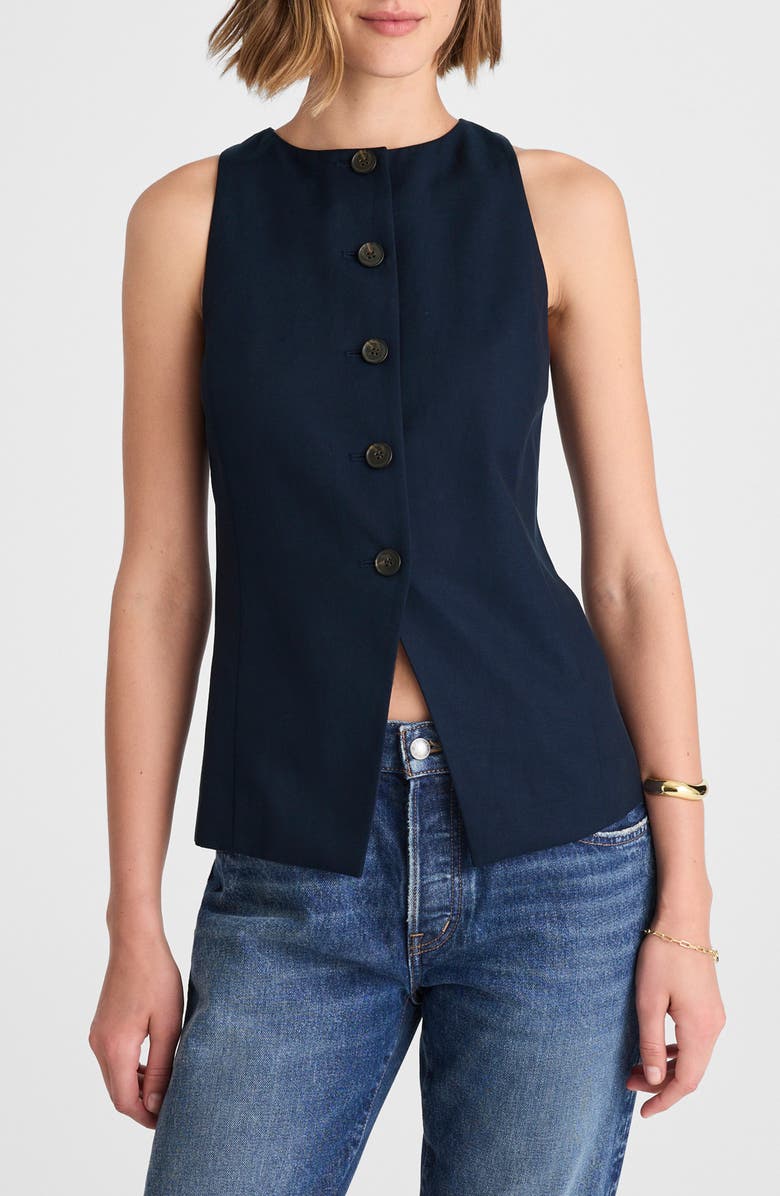 Madewell Crewneck Cutaway Drapey Twill Vest, Main, color, Midnight Navy