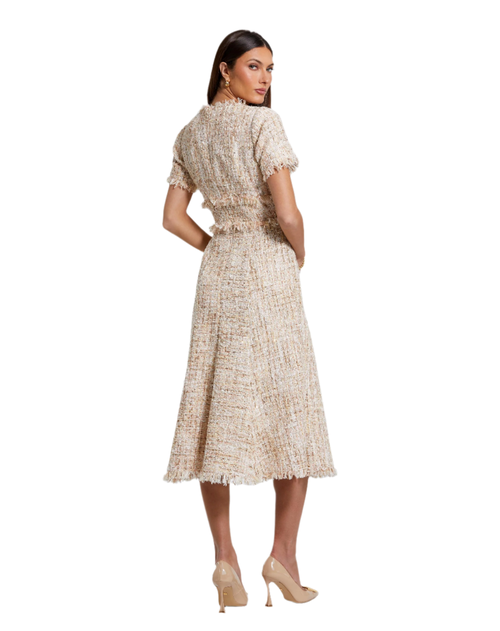 Mac Duggal Boucle Short Sleeve A Line Midi Dress In Blush
