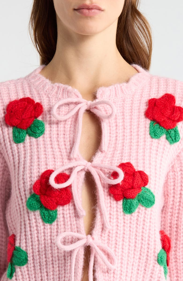 All in Favor 3D Flower Chunky Tie Front Cardigan, Alternate, color, Pink