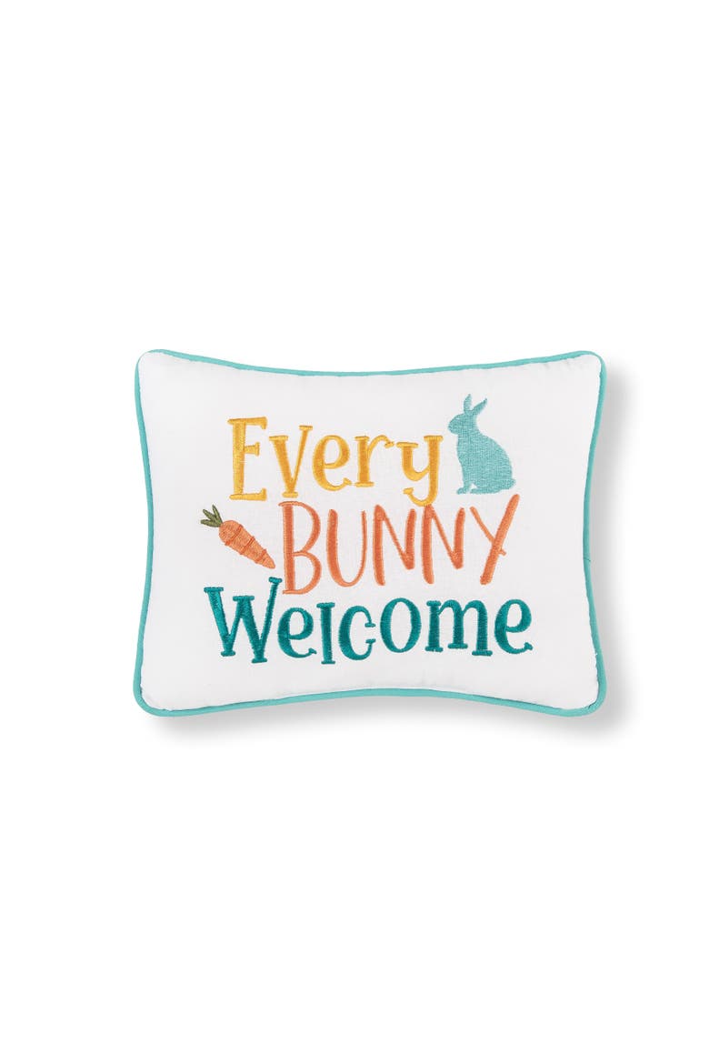 "Every Bunny Welcome" Easter Cotton Blend Mini Accent Pillow 9" x 12", Main, color, White