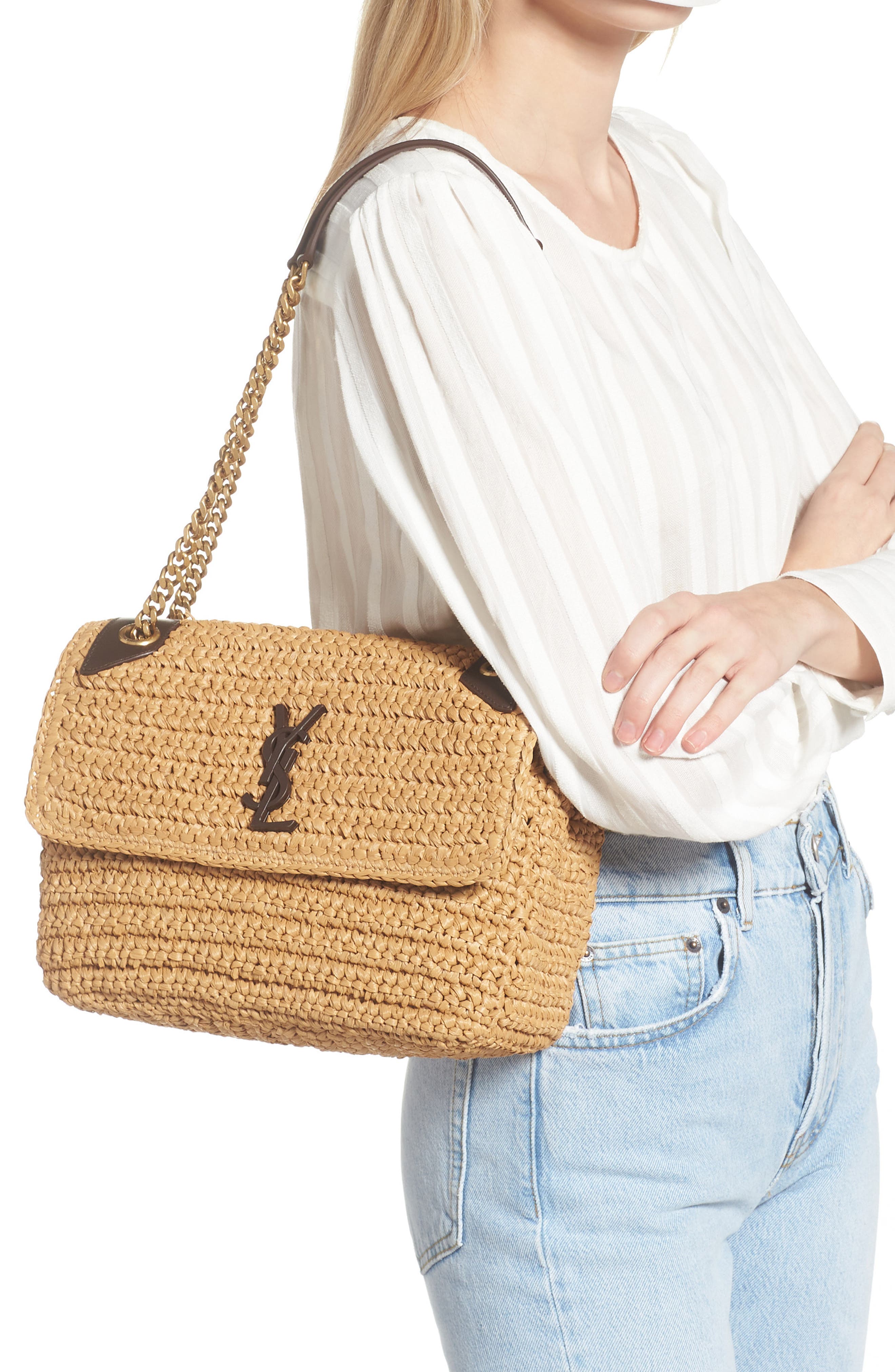 Medium Niki Raffia Shoulder Bag, Alternate, color, 7069 NATURALE / NEW NUT