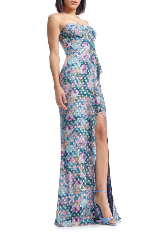 DRESS THE POPULATION DRESS THE POPULATION KAI FLORAL METALLIC CLIP DOT STRAPLESS GOWN